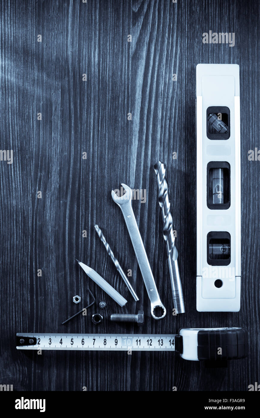 set of tools and instruments on wooden background Stock Photo - Alamy