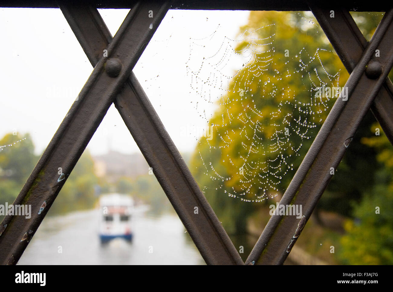 Shrewsbury, Shropshire, UK. 3rd October, 2015. The pleasure boat 'Sabrina' making one of its final trips along the River Severn in Shrewsbury, Shropshire on Saturday 3rd October, 2015. The dew on the cobweb and trees turning yellow are a sure sign that autumn is approaching. Credit:  Richard Franklin/Alamy Live News Stock Photo