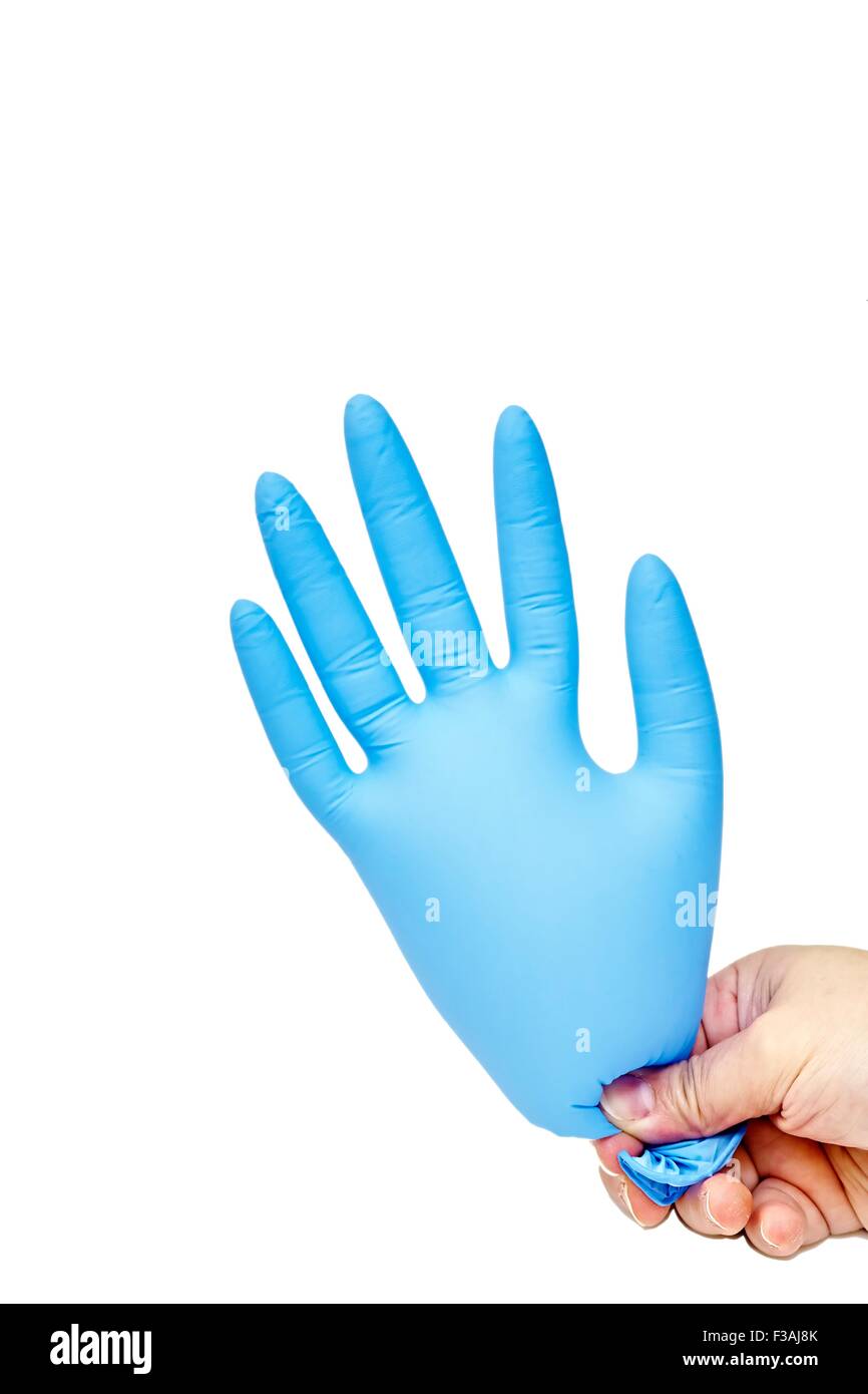 Hand Holding Blown Up Latex Glove Blue Stock Photo