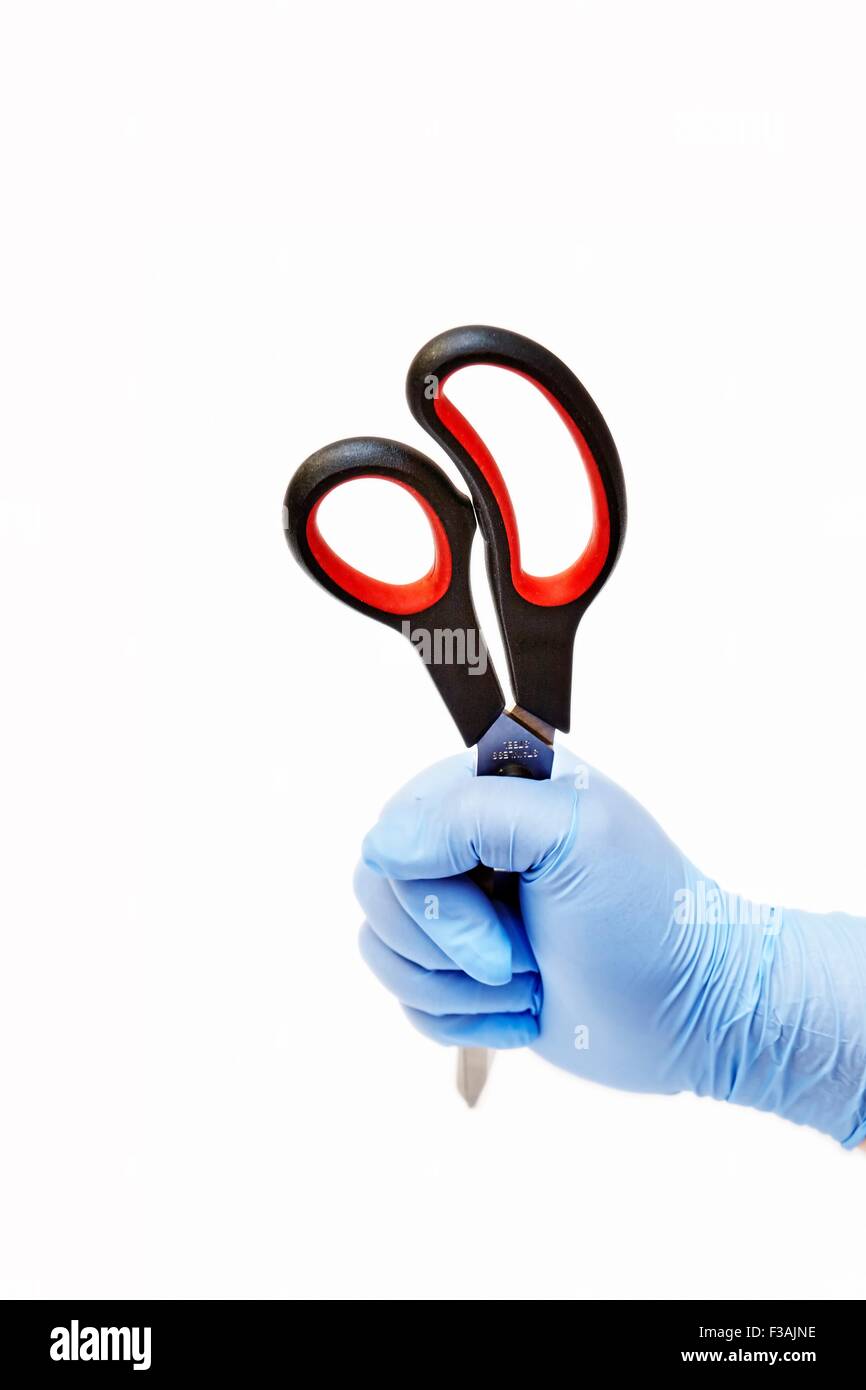 Stabbing Scissors Hand Held Latex Glove Evidence Demonstration Murder Intent Stock Photo