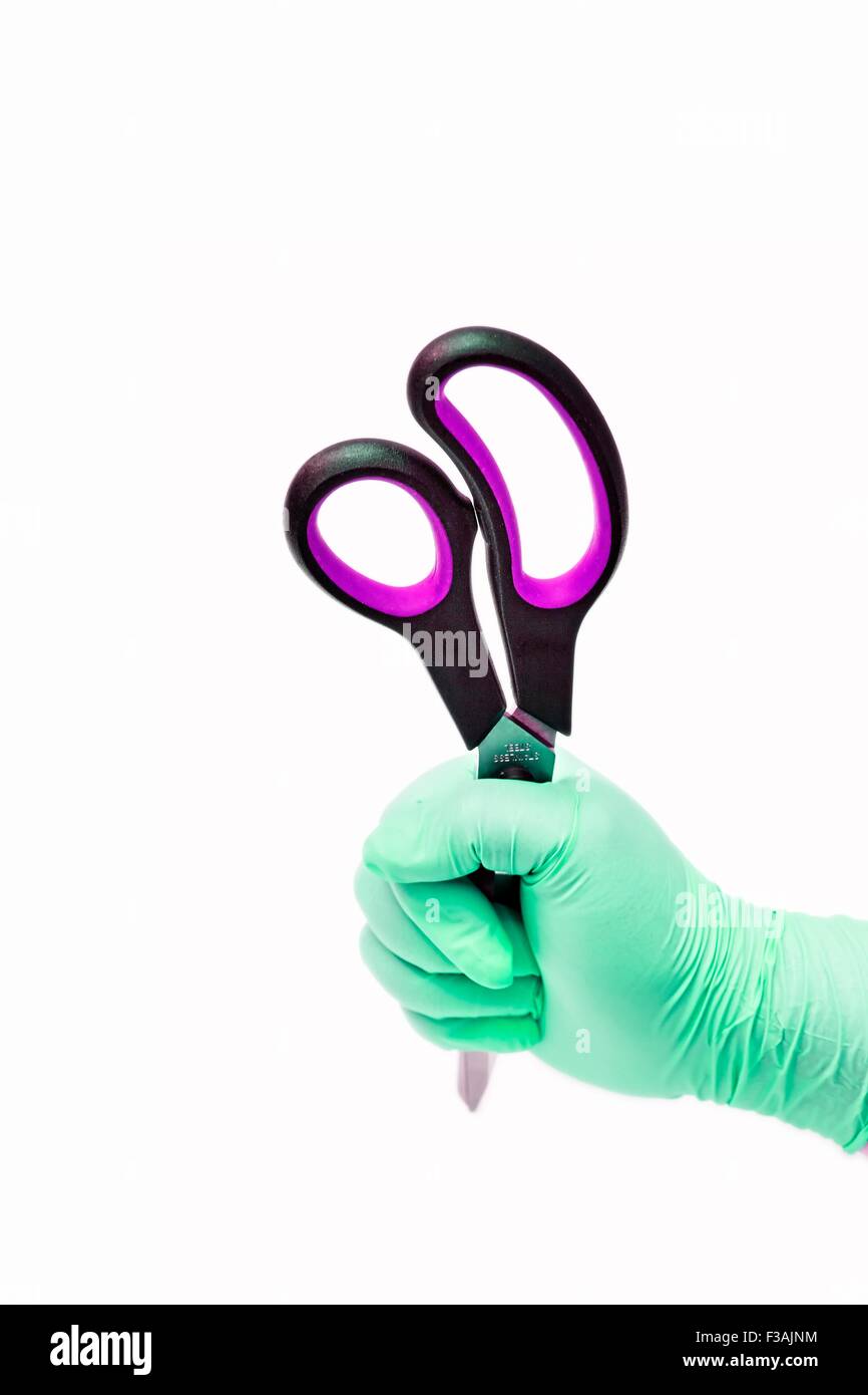 Stabbing Scissors Hand Held Latex Glove Evidence Demonstration Murder Intent Stock Photo