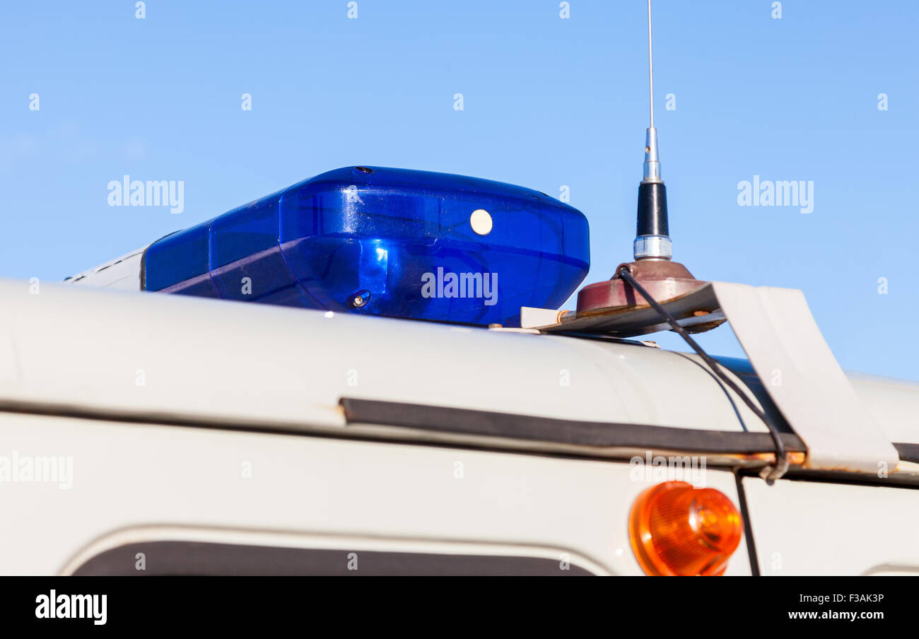 Close-up of the colorful lights on top of a russian police vehicle Stock Photo