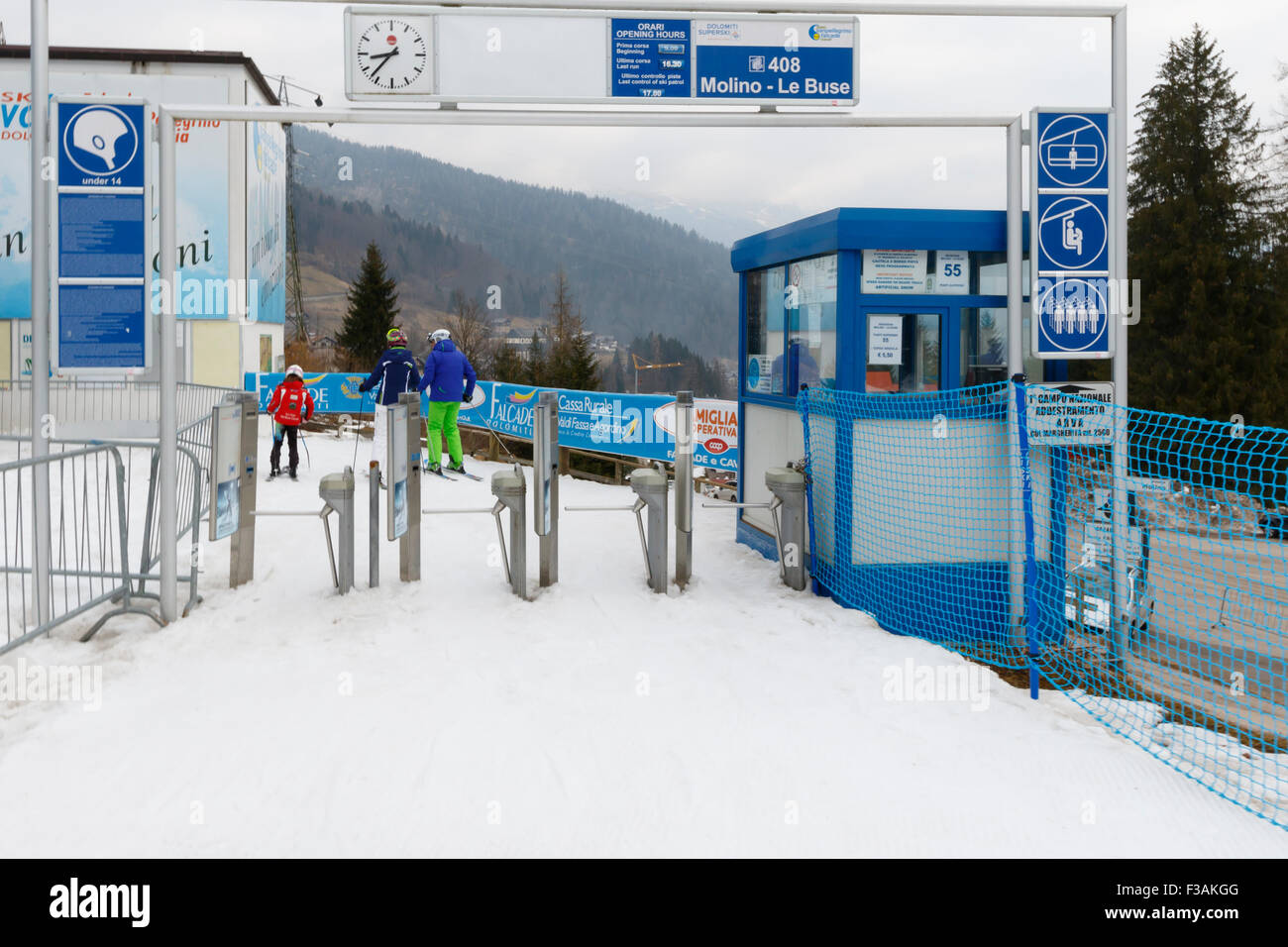 Falcade, Belluno, Italy - March 21, 2015: 4-seater chairlift Molino - Le Buse now removed in the Dolomite Alps ski area Stock Photo