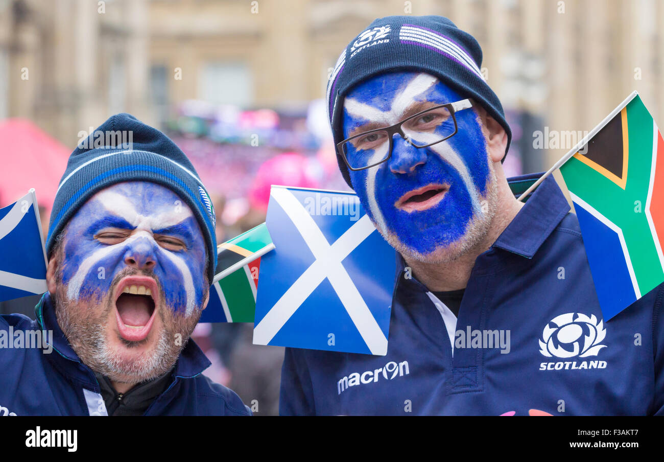 Newcastle, UK. 3rd October, 2015. A great atmosphere as fans gather in and around The Fanzone in Newcastle city centre ahead of Saturday`s game between South Africa and Scotland as fans gather in the city centre. PICTURED. Scotland fans an hour before kick off Stock Photo