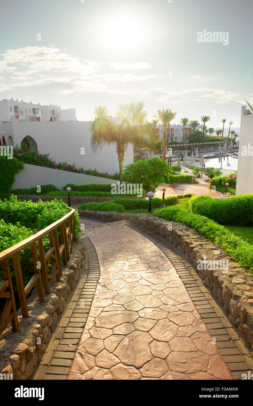 Road to the swimming pool in Egyptian hotel Stock Photo