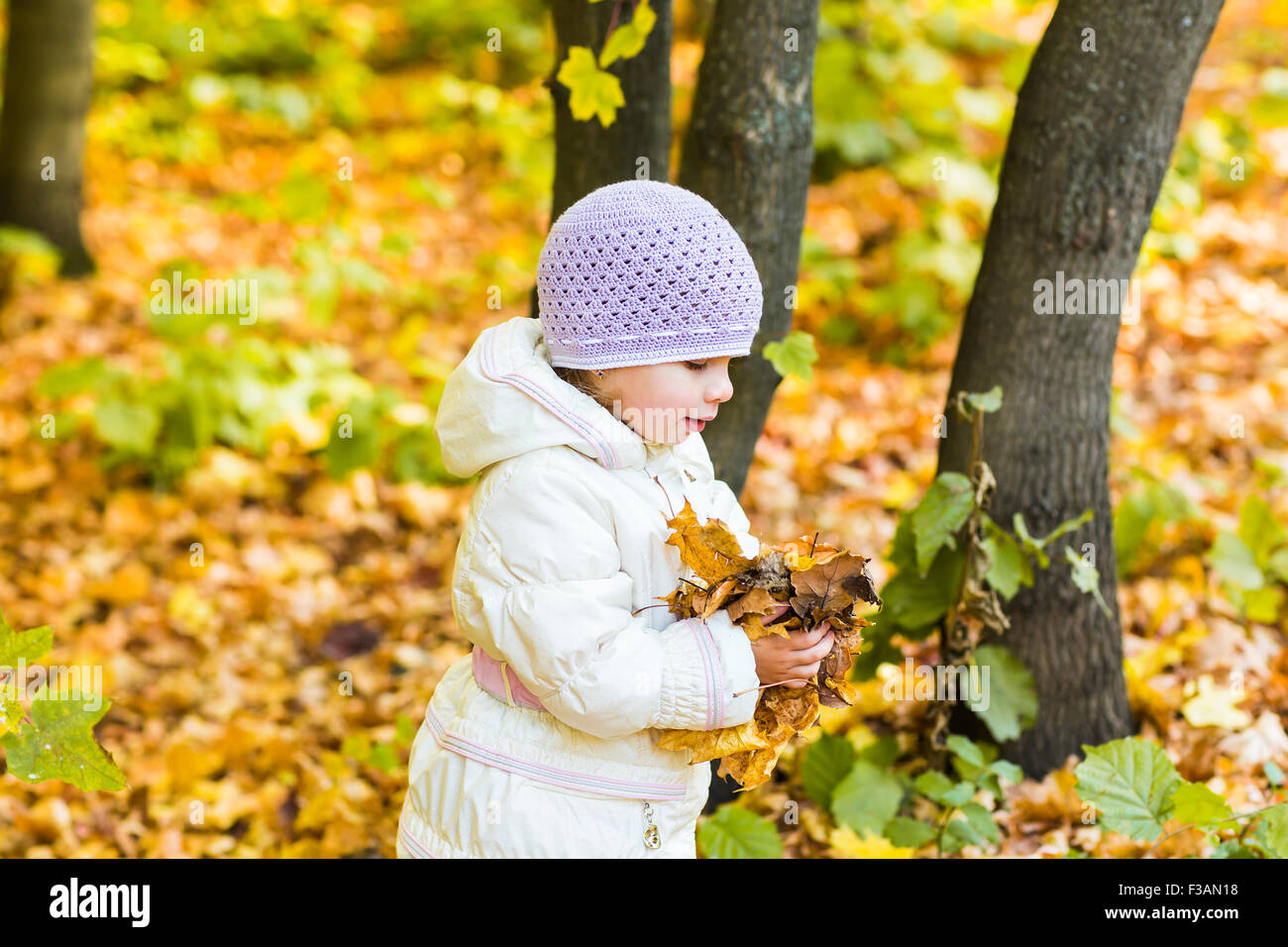 Little girl with yellow leaf Stock Photo - Alamy