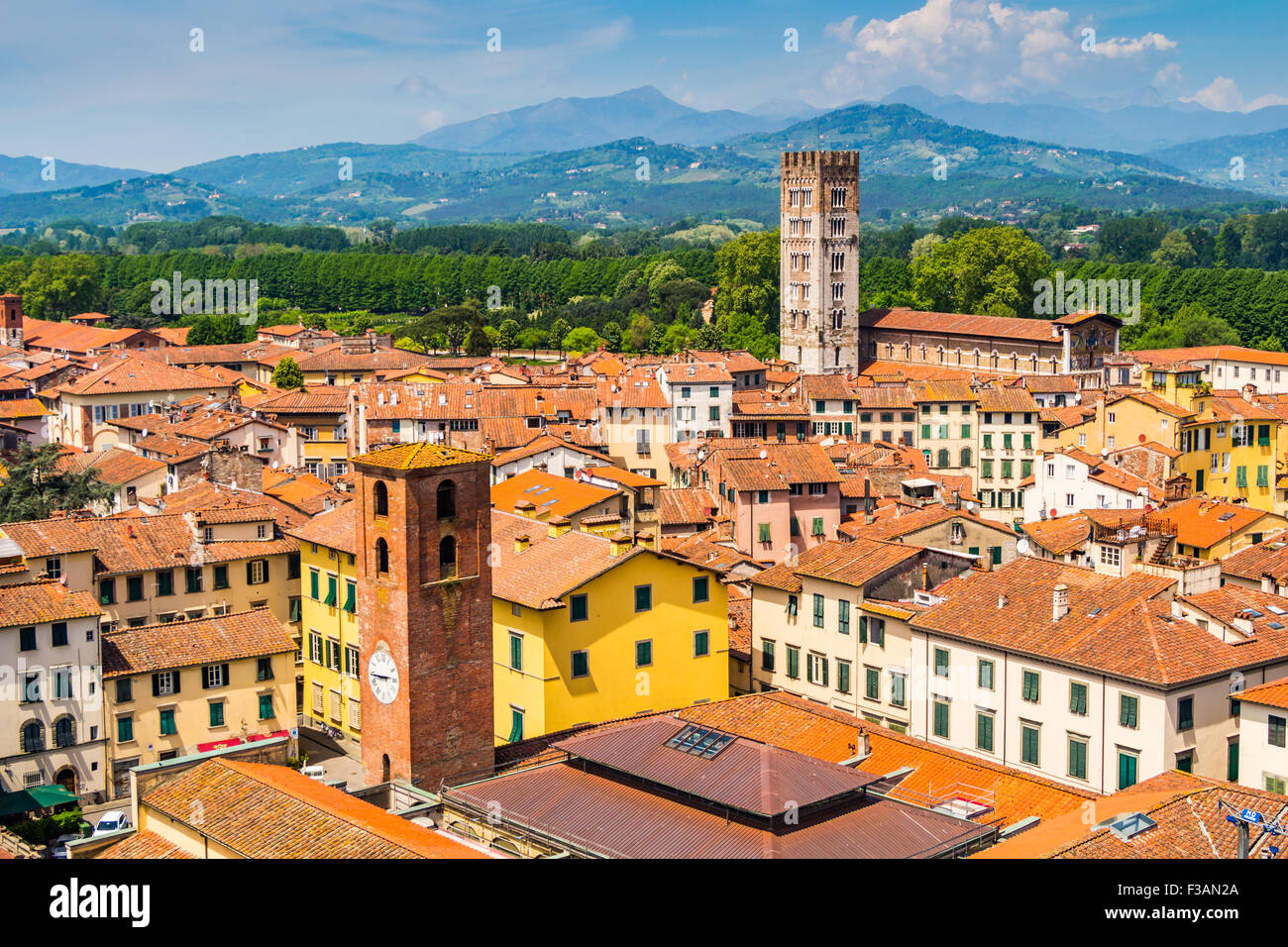 View over Italian town Lucca with typical terracotta roofs Stock Photo
