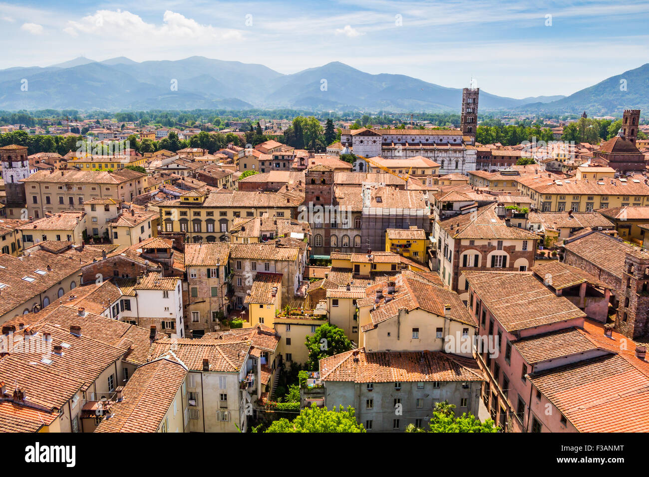 View over Italian town Lucca with typical terracotta roofs Stock Photo