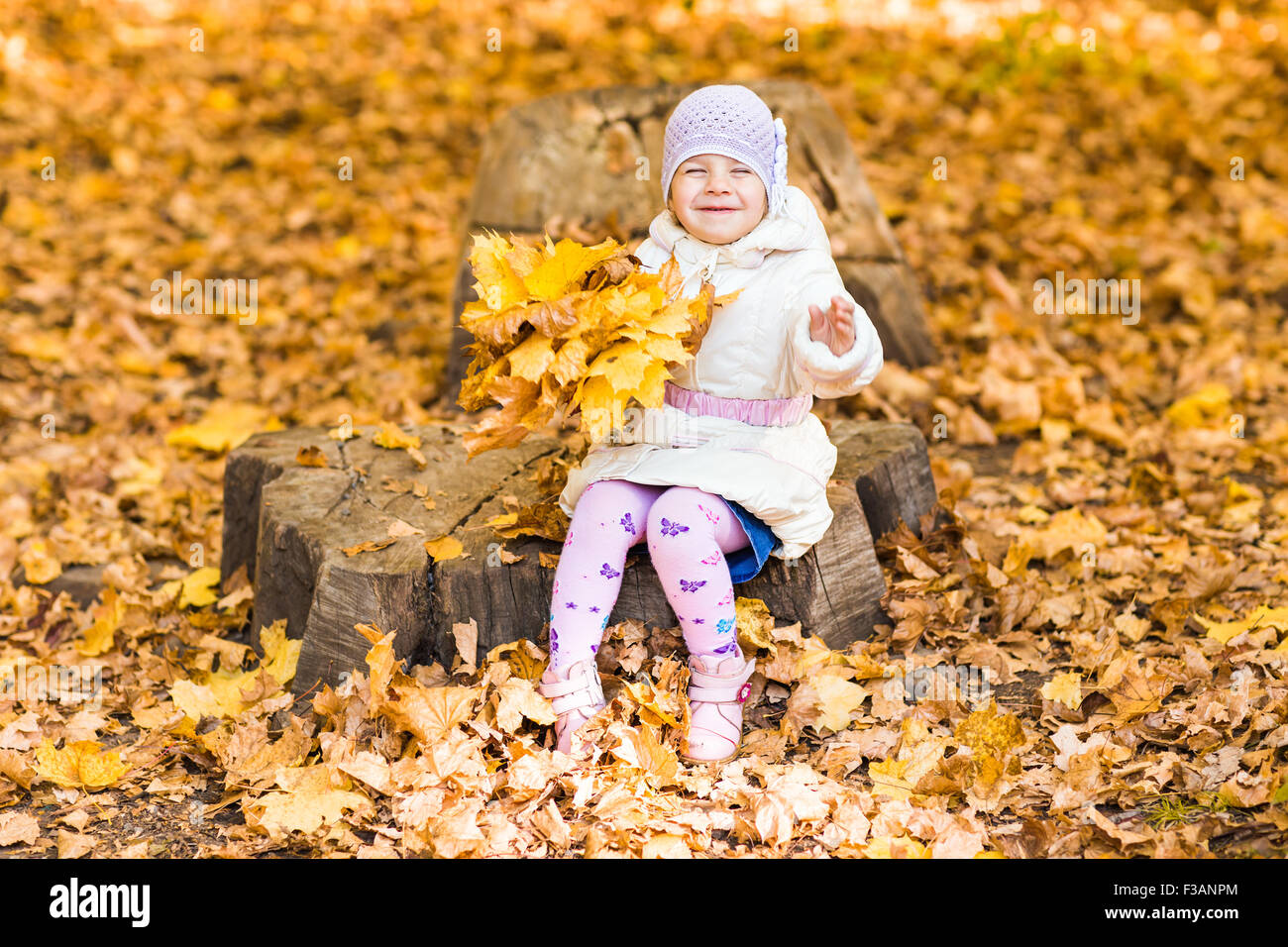 Little girl with yellow leaf Stock Photo - Alamy