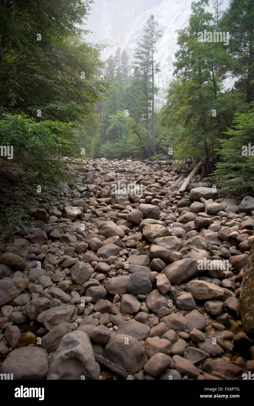 Dry riverbed in Yosemite Valley in September Stock Photo