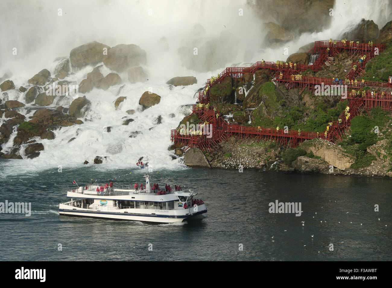 American Falls. Hornblower tourist boat. Tourists on the decks of the Cave Of The Winds. View