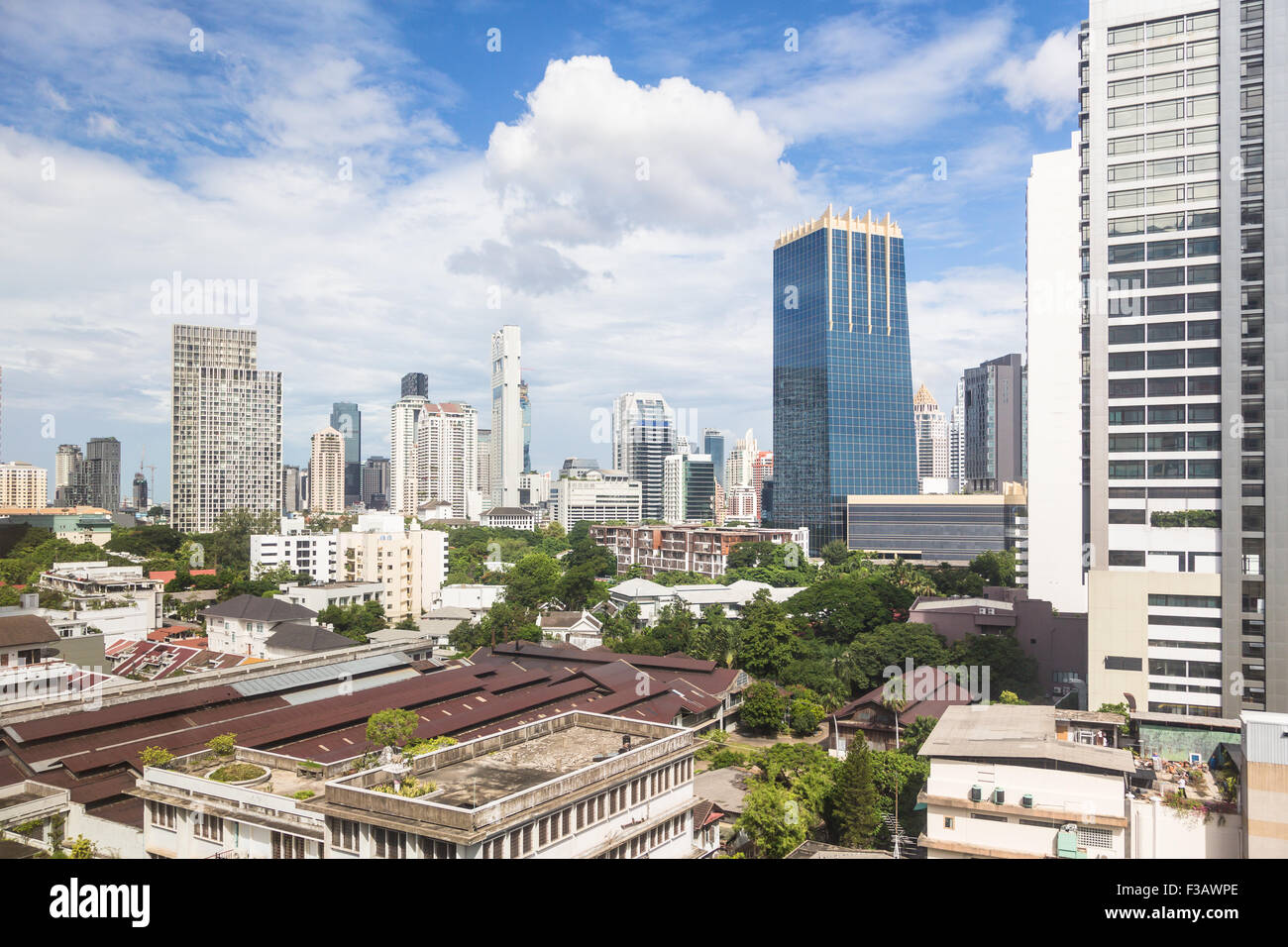 Bangkok modern skyline around the Sathorn/Silom business district, which contains a lots of luxury hotels and office towers, in Stock Photo