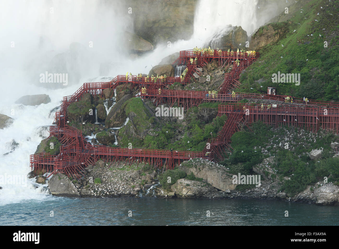 American Falls. Tourists on the decks of the Cave Of The Winds. View from Niagara Falls, Ontario