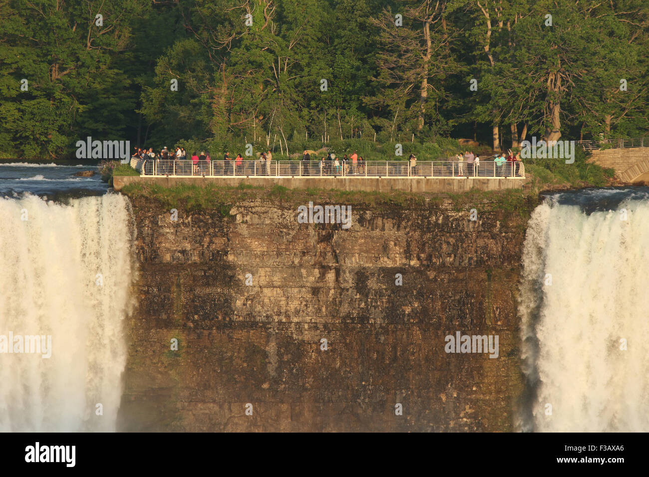 Tourists on Luna Island. American Falls. Bridal Veil Falls. Niagara Falls, New York, USA. View