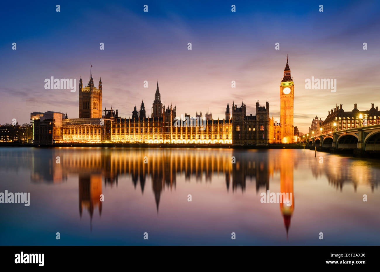 Big Ben and Westminster Bridge at dusk, London, UK Stock Photo