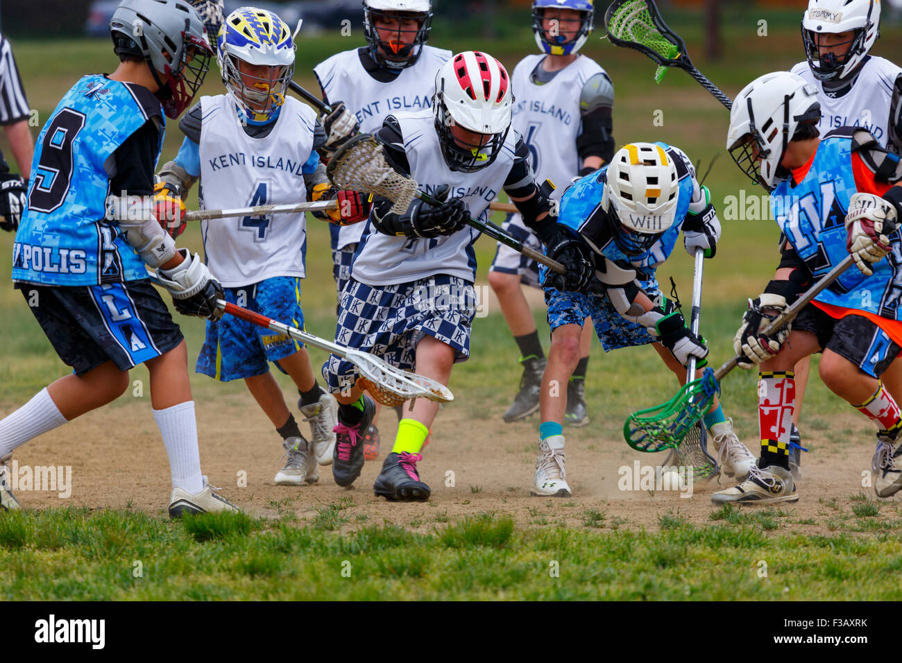 Junior lacrosse players vying for the ball Stock Photo