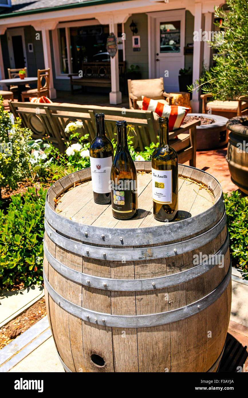Wine bottles from Santa Barbara County on display outside a wine