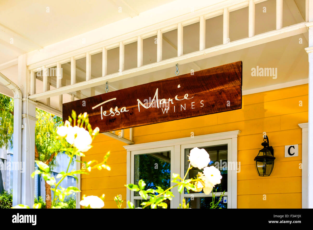 Tessa Marie Wines overhead sign outside their wine tasting store in Los