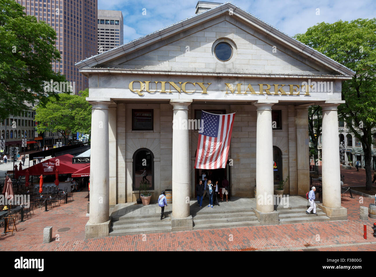 Quincy Market central market entrance grecian-doric columns downtown Boston, MA USA Stock Photo