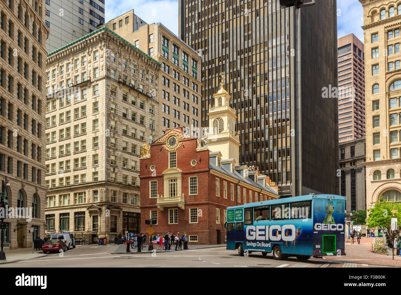 Boston Old State House overshadowed by surrounding tall office blocks site of the Boston Massacre 1770 Stock Photo