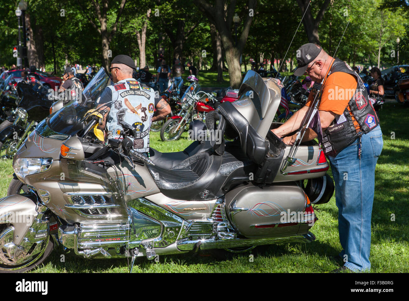 Motorcycle riders near their cycles prior to the Rolling Thunder Ride for Freedom in Washington, DC. Stock Photo