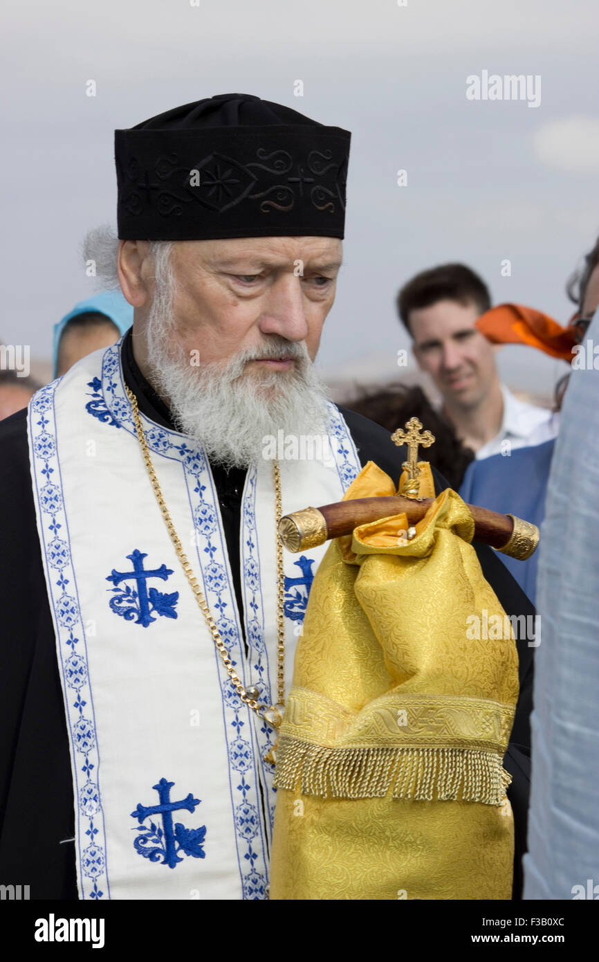 Lemnos island, Greece. 3rd October, 2015. Portrait of Protoiereus Michael of the Russian Orthodox Church of Australia during ceremony service. Russo-Cossack memorial, Punta cape, Lemnos island, Greece Credit:  BasilT/Alamy Live News Stock Photo