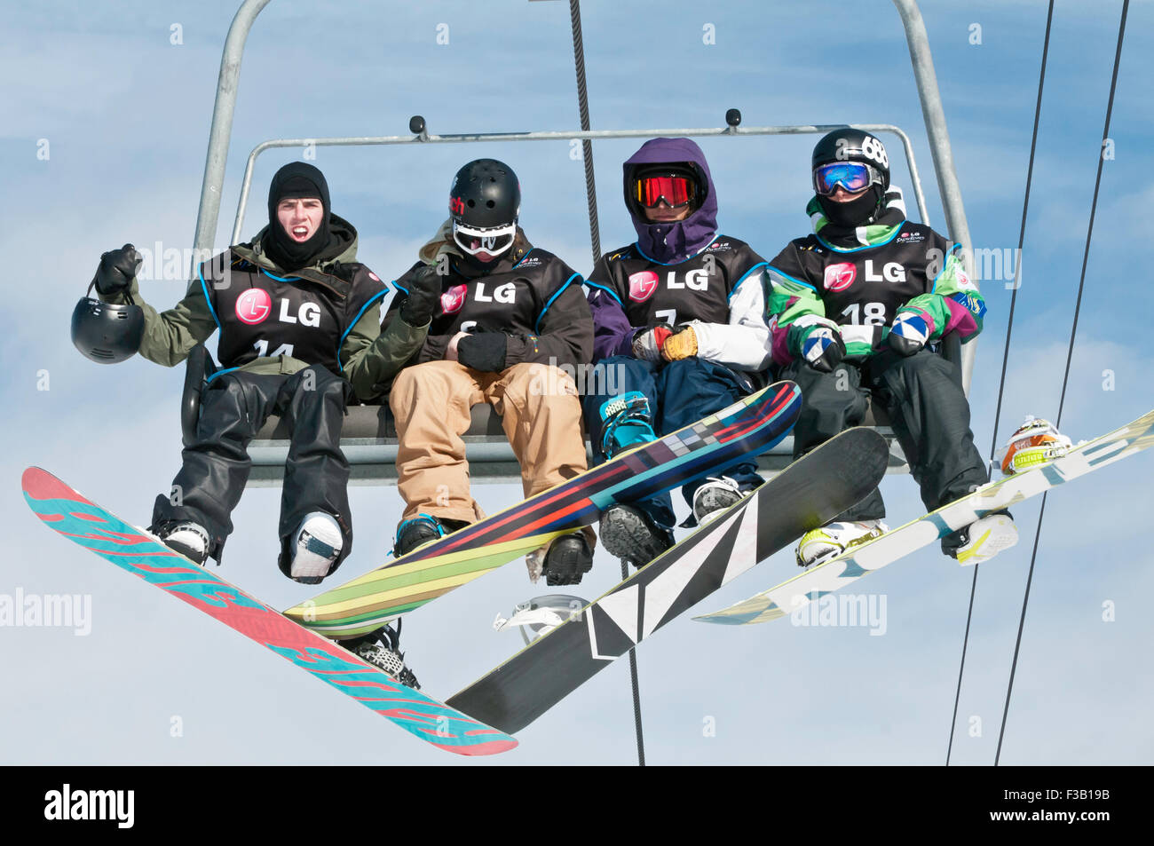 Snowboarders on a ski lift, Canada Olympic Park, COP, Calgary, Alberta