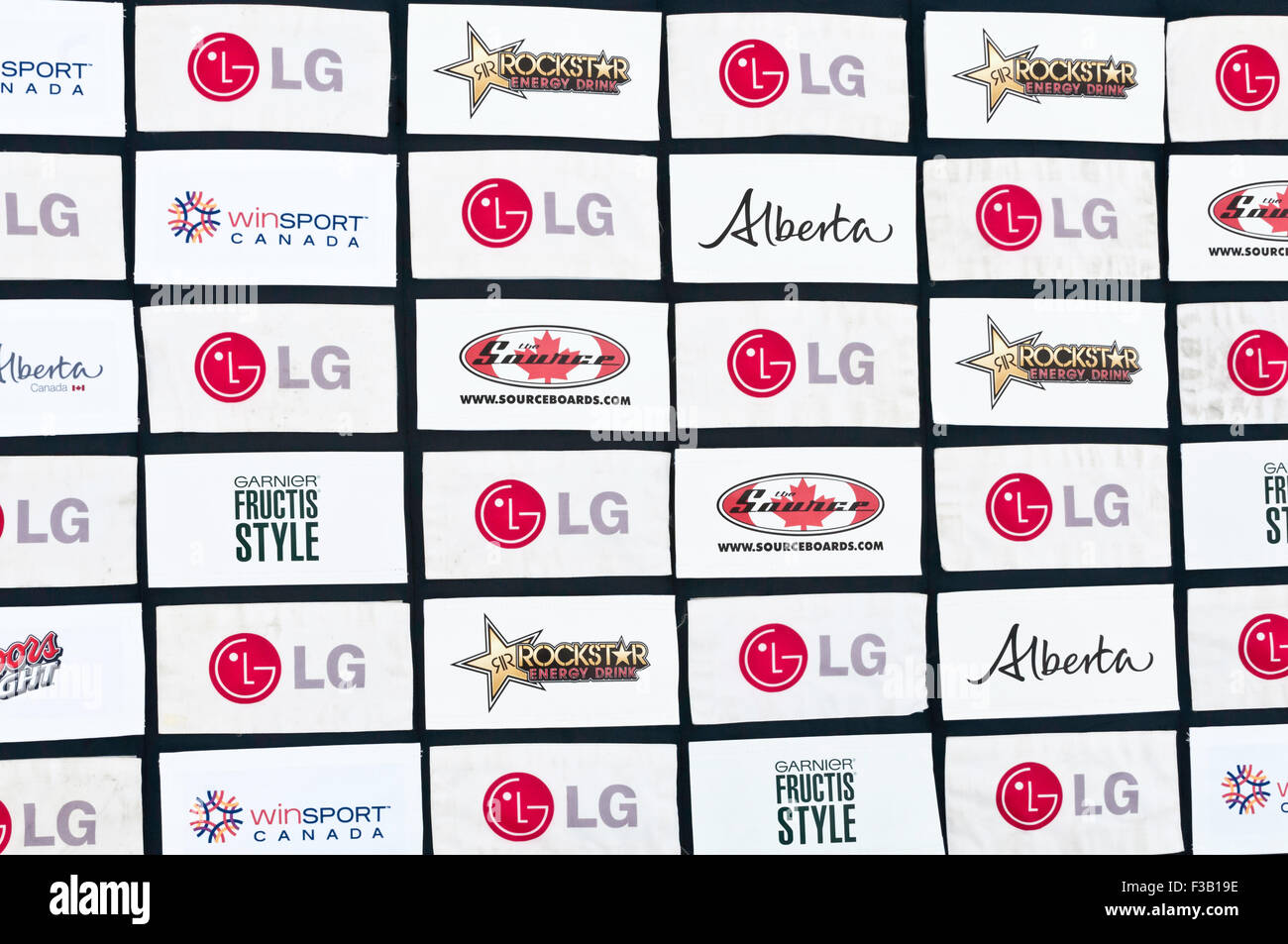 Sponsorship board at LG Snowboard FIS World Cup 2011, Canada Olympic Park, Calgary, Alberta, Canada Stock Photo