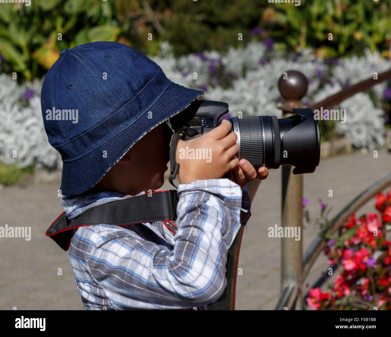 Child taking a photograph with a large camera at the Star Pond Butchart Gardens Vancouver Island Canada Stock Photo
