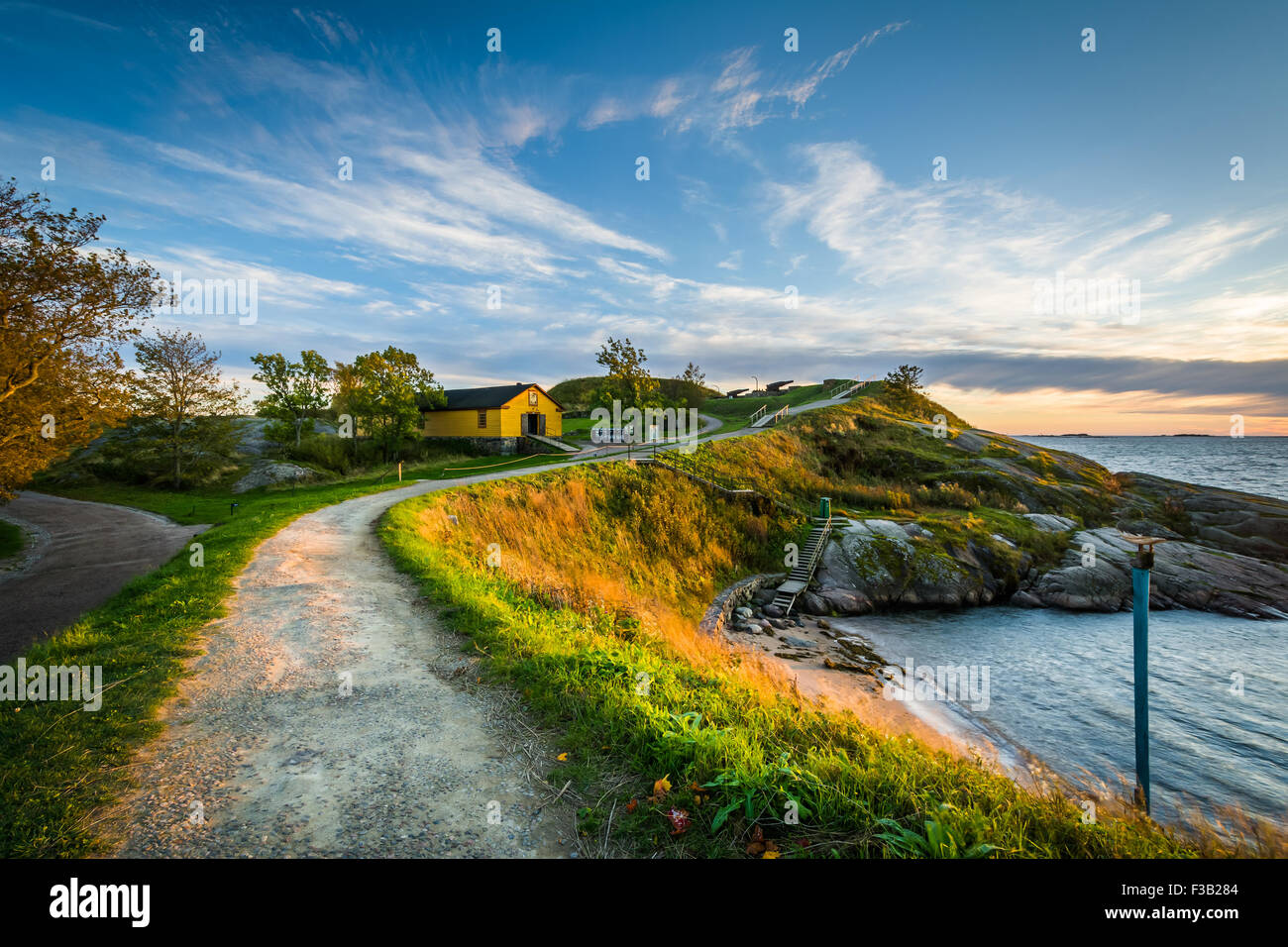 Walkway on bluffs above the Baltic Sea on Suomenlinna, in Helsinki, Finland. Stock Photo