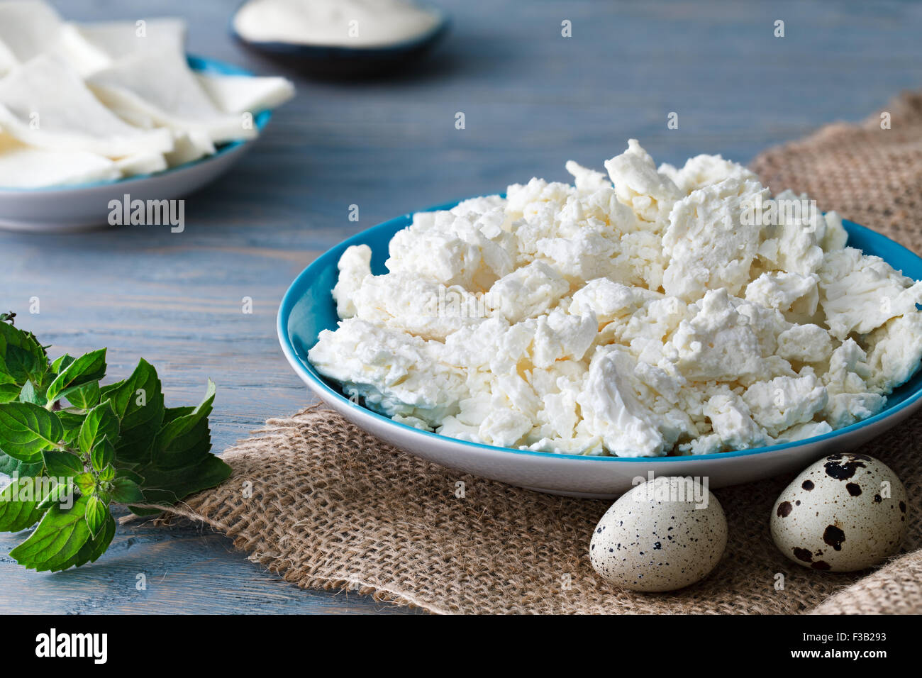 Dairy Breakfast A Portion Of Some Cottage Cheese In A Blue Plate