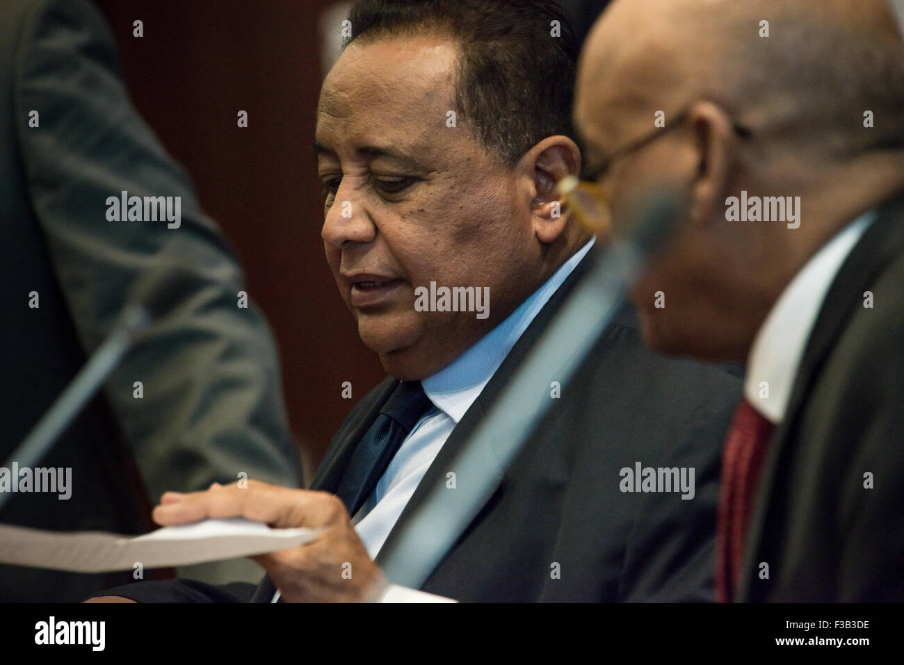 New York, United States. 02nd Oct, 2015. Ibrahim Ahmad 'Abd al-Aziz Ghandour sits at the Secretary-General's conference table. Secretary General Ban Ki-moon welcomed Sudanese Foreign Minister Ibrahim Ahmad 'Abd al-Aziz Ghandour. © Albin Lohr-Jones/Pacific Press/Alamy Live News Stock Photo