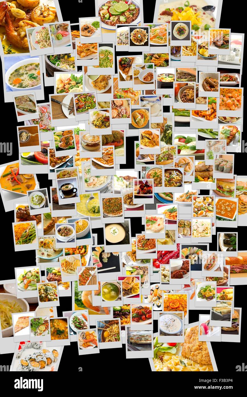 Collage of lots of popular worldwide dinner foods and appetizers Stock ...