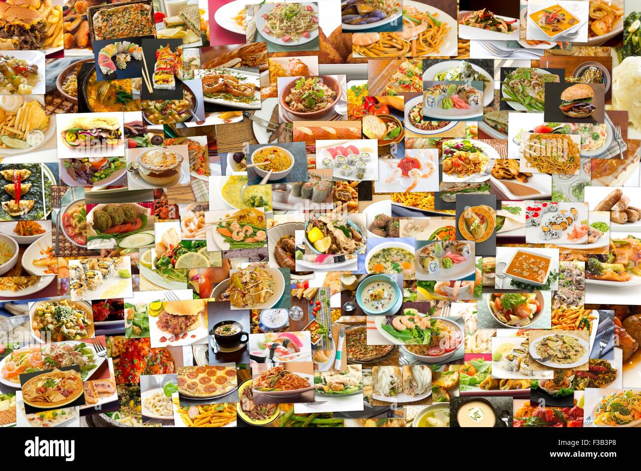 Collage of lots of popular worldwide dinner foods and appetizers Stock ...