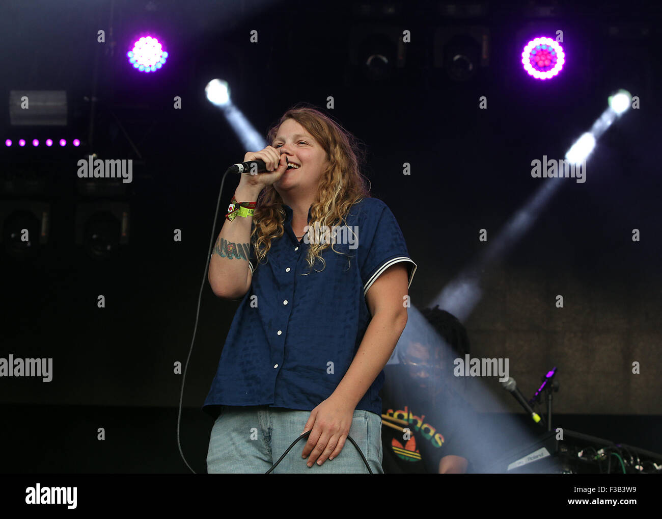 Kate Tempest performing and the closing firework display during Day Three of Camp bestival at Lulworth Castle, Dorset on Sunday 2nd August 2015  Featuring: kate tempest Where: Dorset, United Kingdom When: 03 Aug 2015 Stock Photo