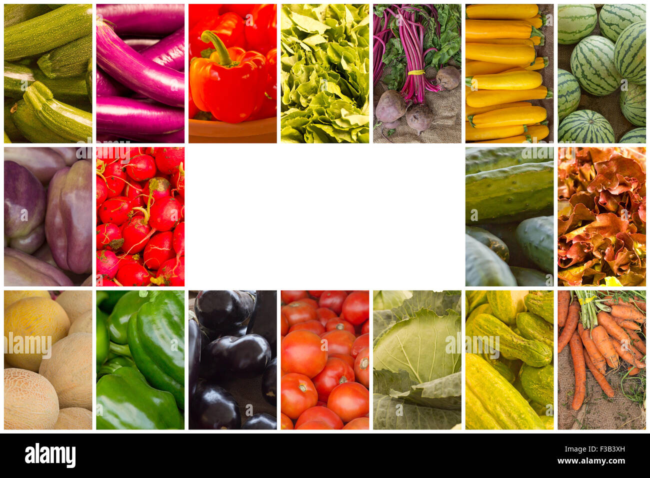 Variety of popular farmers market fruits and vegetables in produce collage imagery Stock Photo