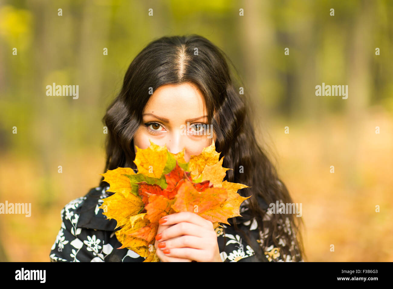 girl holding autumn leaves in fall park Stock Photo - Alamy