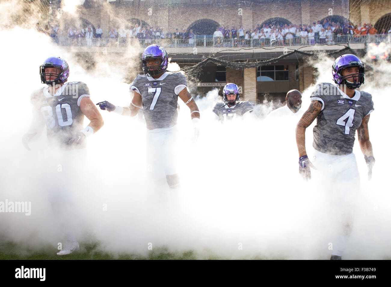 October 3, 2015: Member of the TCU Horned Frogs take the field prior to an NCAA Football game between the TCU Horned Frogs and Texas Longhorns at Amon G. Carter Stadium, Ft. Worth, Texas. Stock Photo