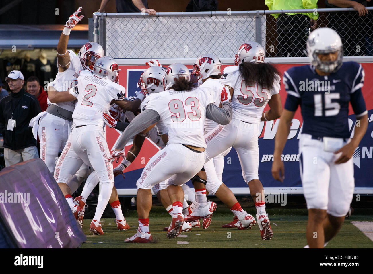 Reno, Nevada, USA. 3rd Oct, 2015. The UNLV players celebrate their third touchdown of the Mountain West game between the UNLV Rebels and the UNR Wolfpack at Mackay Stadium in Reno, Nevada. © Jeff Mulvihill Jr/ZUMA Wire/Alamy Live News Stock Photo