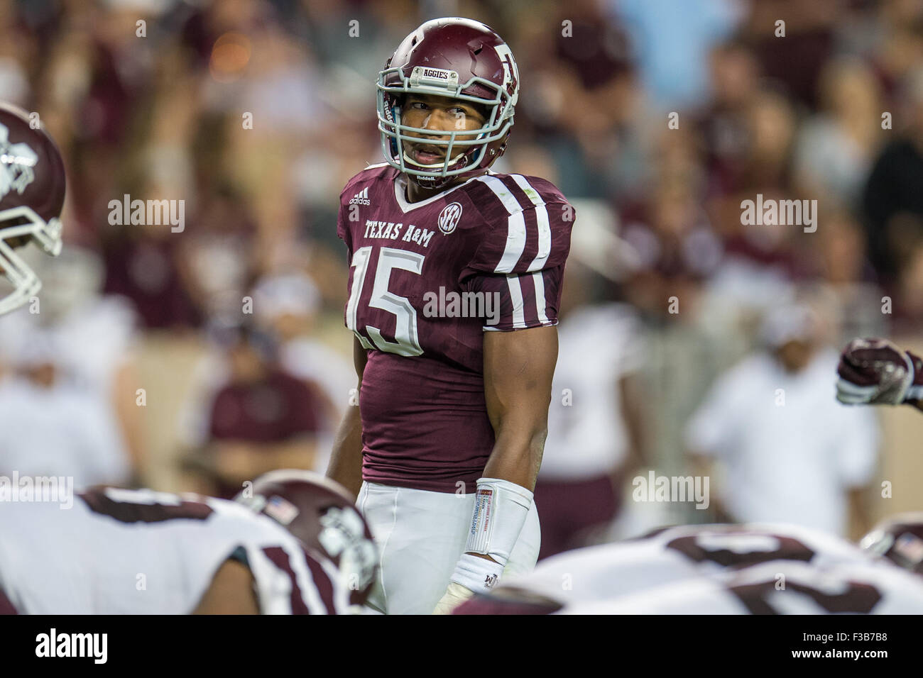 October 3, 2015: Texas A&M Aggies defensive lineman Myles Garrett (15) during the 4th quarter of an NCAA football game between the Mississippi State Bulldogs and the Texas A&M Aggies at Kyle Field in College Station, TX. The Aggies won 30-17.Trask Smith/CSM Stock Photo
