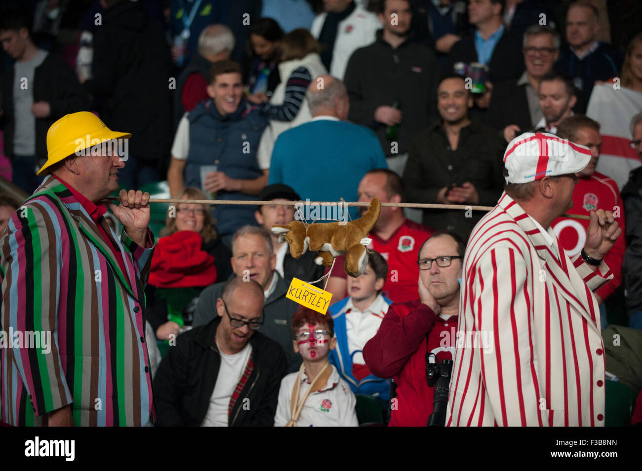 Twickenham Stadium, London, UK. 3rd October, 2015. Eccentric supporters with striped blazers at the England v Australia Pool A evening match of the Rugby World Cup 2015 with the final score England 13, Australia 33. Credit:  sportsimages/Alamy Live News Stock Photo