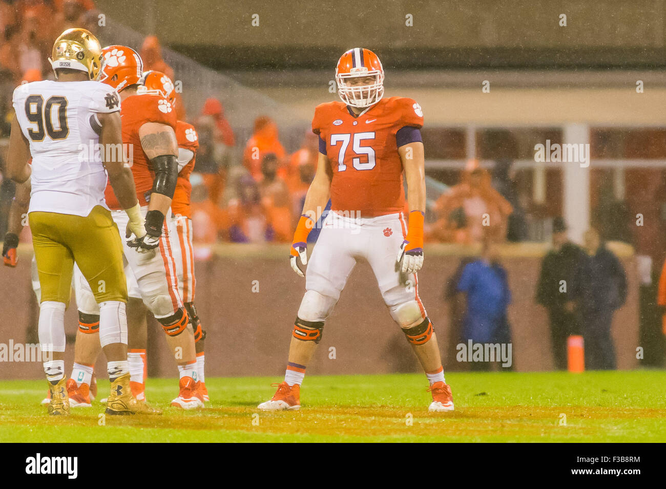 Clemson Tigers offensive lineman Mitch Hyatt (75) in action during the NCAA Football game between Notre Dame and Clemson at Death Valley in Clemson, SC. David Grooms/CSM Stock Photo
