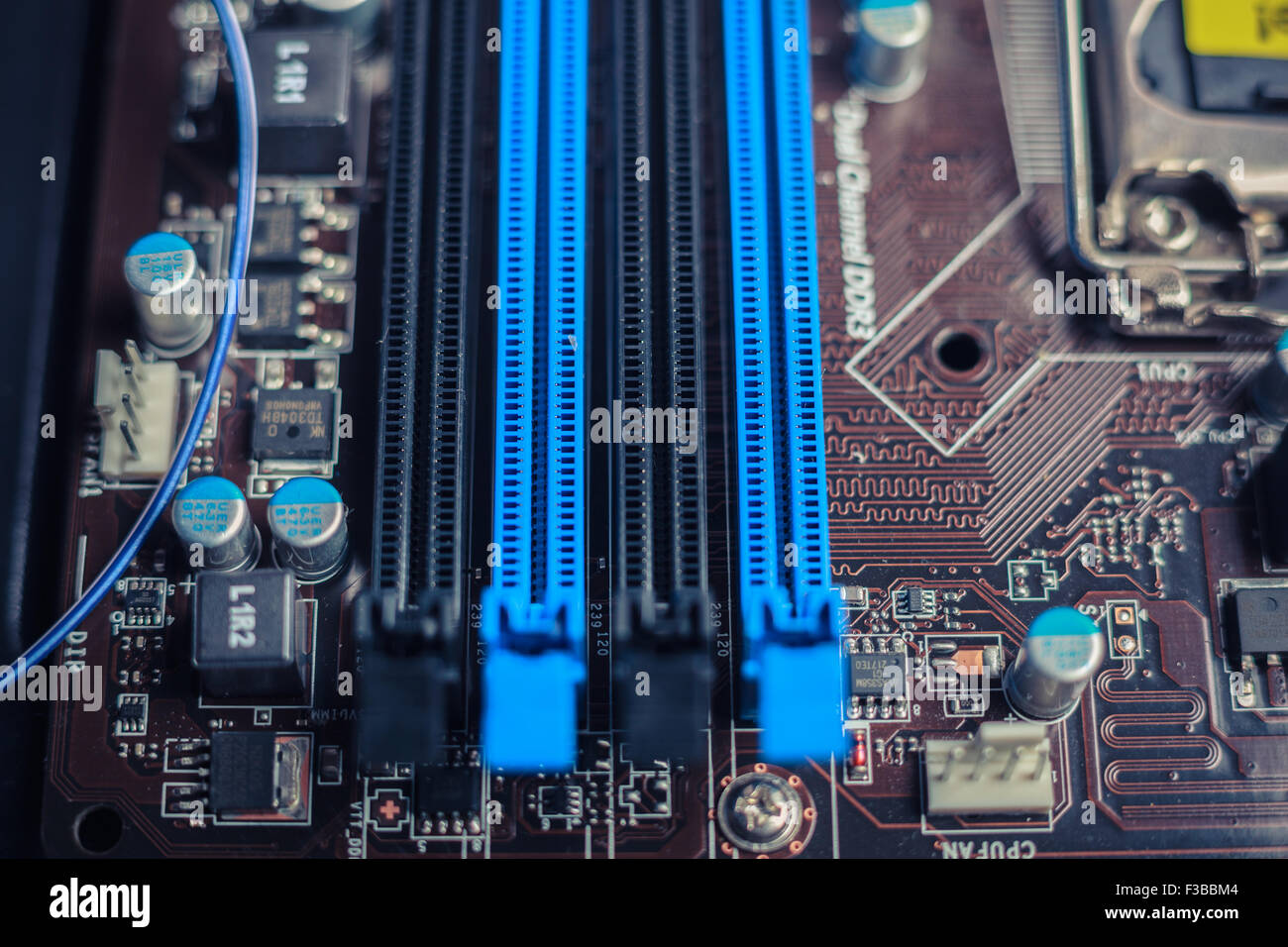 Empty slots on a computer motherboard Stock Photo
