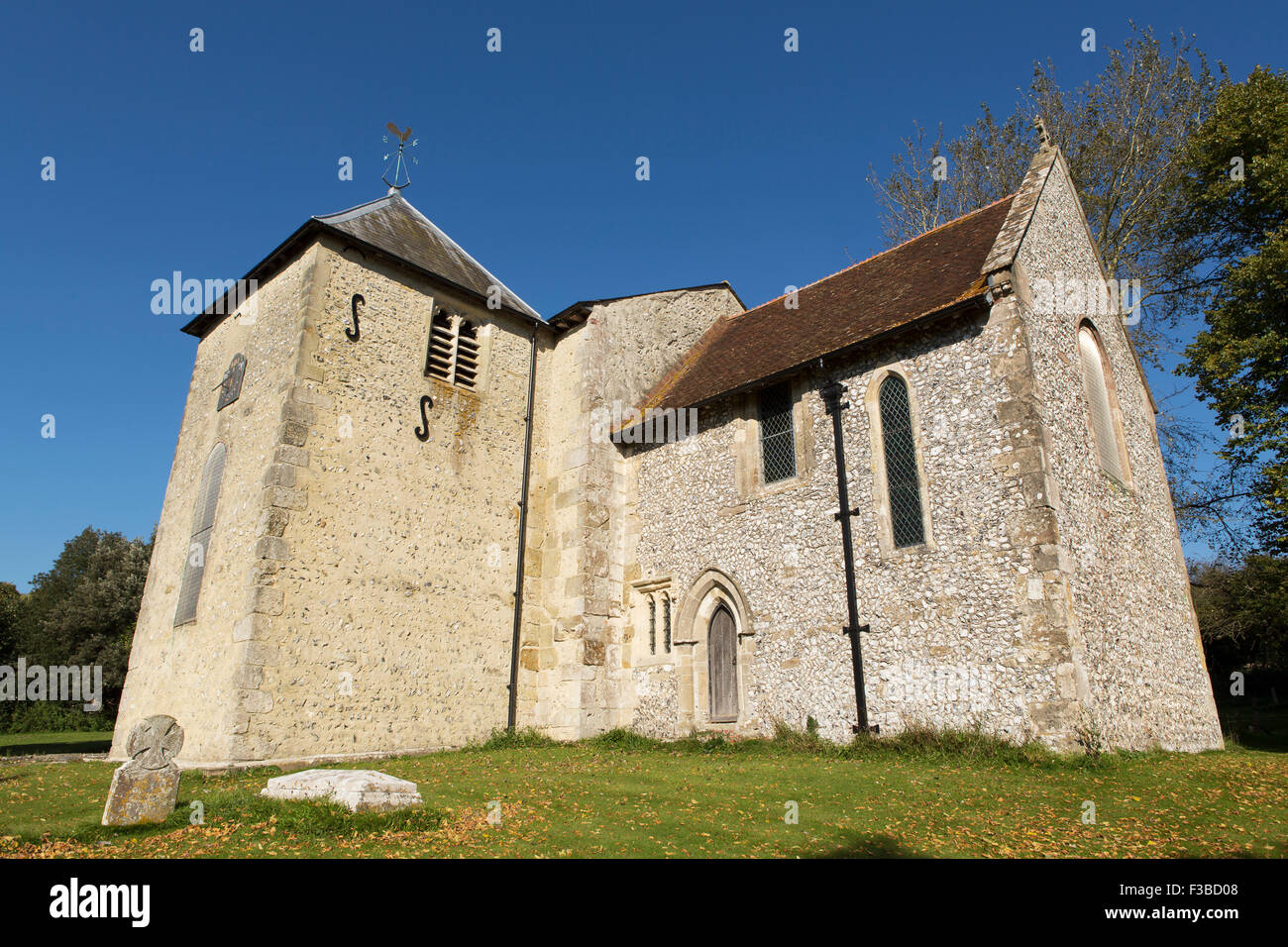Saxon church in the West Sussex village of Stoughton. Brightly lit by