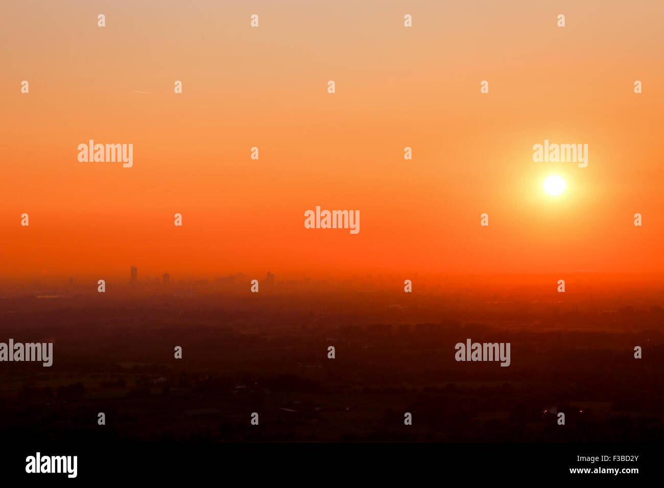 Hazy sunset over the city of Manchester. Stock Photo