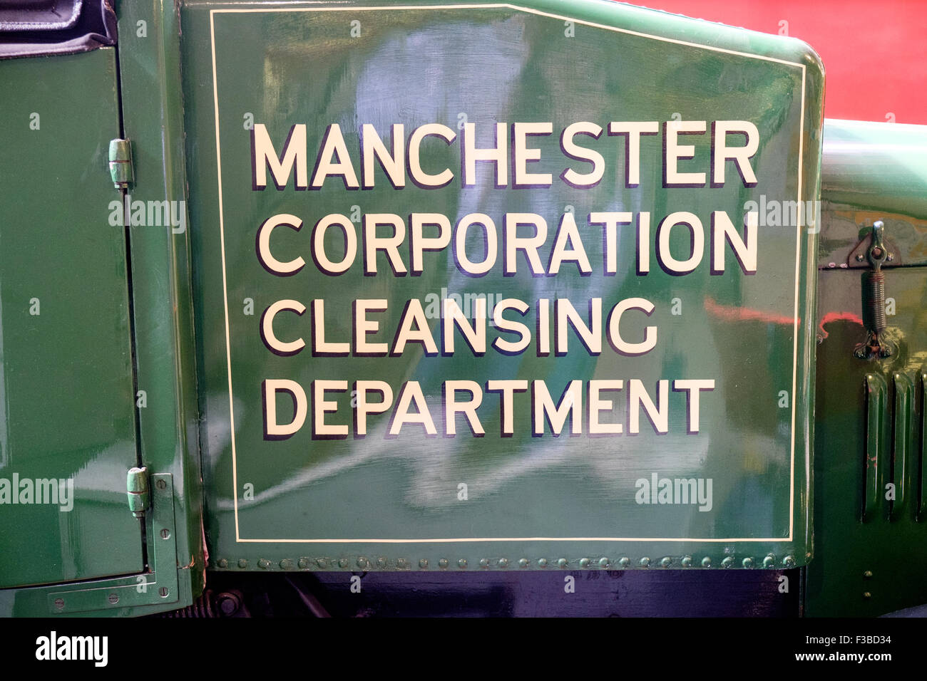 Manchester Corporate Cleansing Department sign on vehicle at Museum of Transport, Manchester, UK Stock Photo
