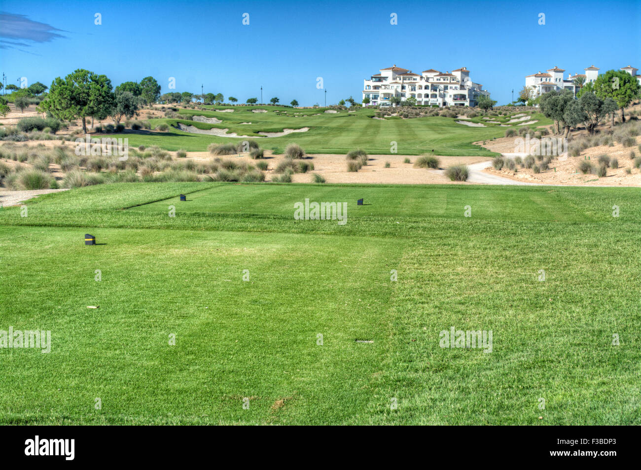 HDR of View from the 14th tee of the Golf Course at Hacienda Riquelme Golf Resort, Murcia, Spain Stock Photo