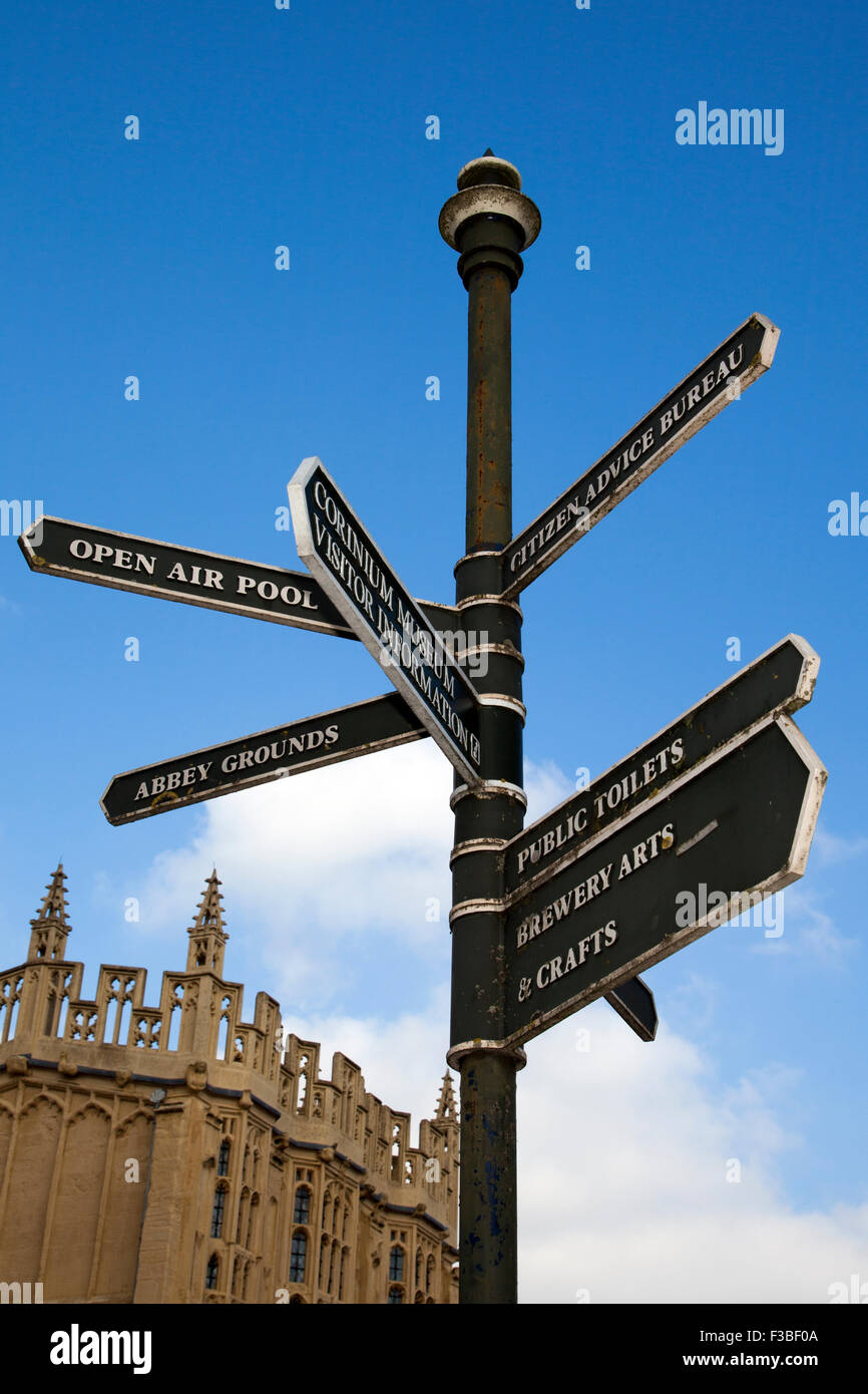 Street signs to different destinations. Cirencester, Gloucestershire, UK. Tourist Signs to the Town's attractions and facilities. Stock Photo