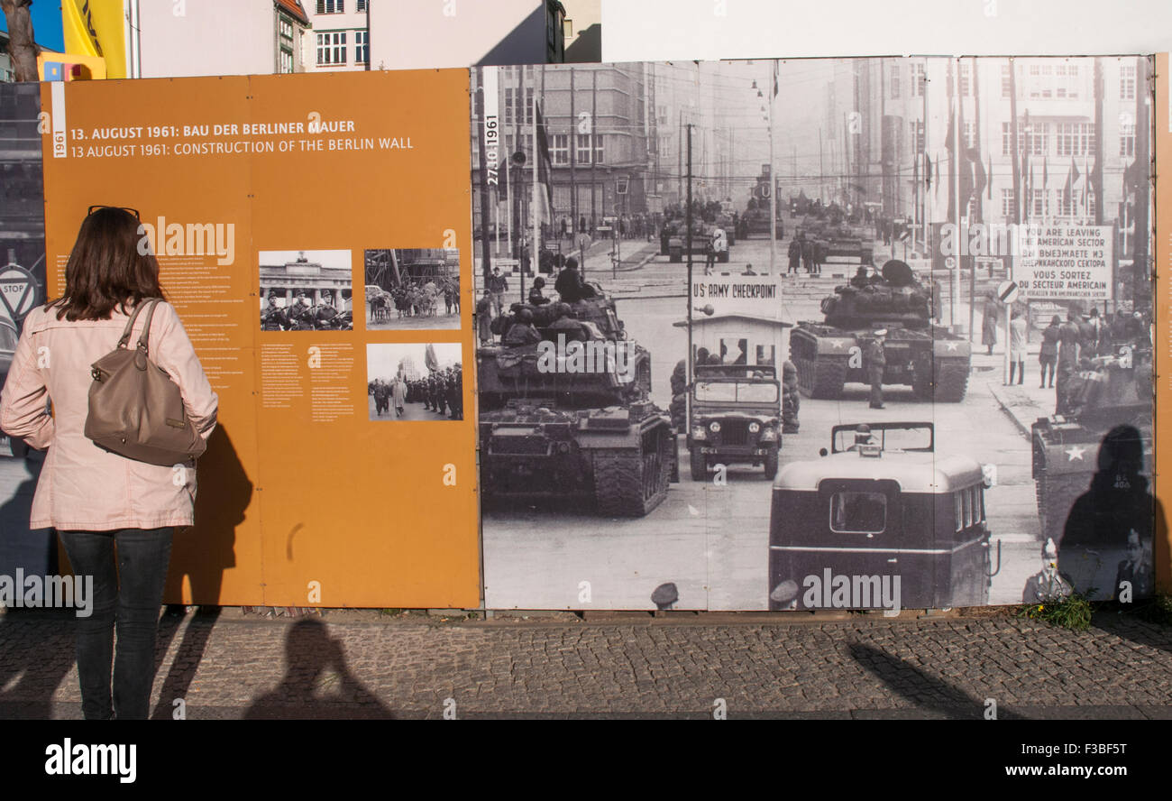 Information panels at the Checkpoint Charlie site in Friedrichstrasse, Berlin Stock Photo