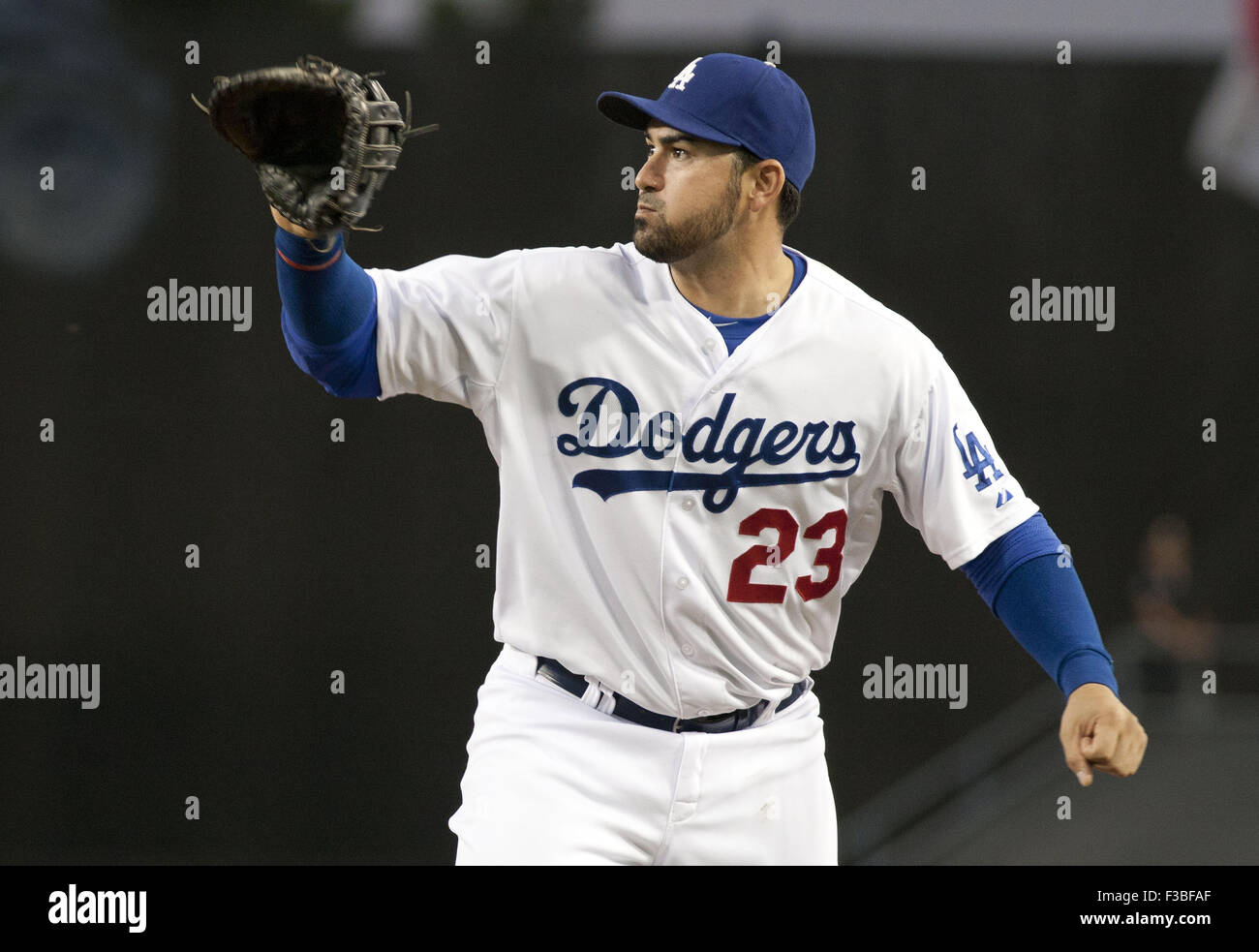 Los Angeles, CALIFORNIA, UNITED STATES OF AMERICA, USA. 3rd Oct, 2015. Los Angeles Dodgers 23 Adrian Gonzalez during the first inning against the San Diego Padres at Dodger Stadium on October 3, 2015 in Los Angeles, California.ARMANDO ARORIZO © Armando Arorizo/Prensa Internacional/ZUMA Wire/Alamy Live News Stock Photo